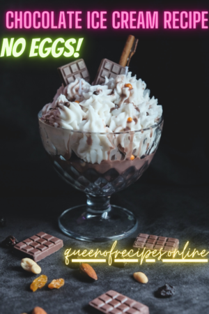 A Glass filled with chocolates and cream and chocolate bars placed next to glass with "CHOCOLATE ICE CREAM", " NO EGGS!" and "queenofrecipes.online" written on the photo