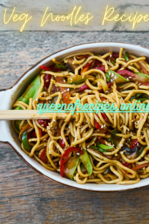 Noodles image on which "Veg Noodles Recipe" and "queenofrecipes.online" written on it.