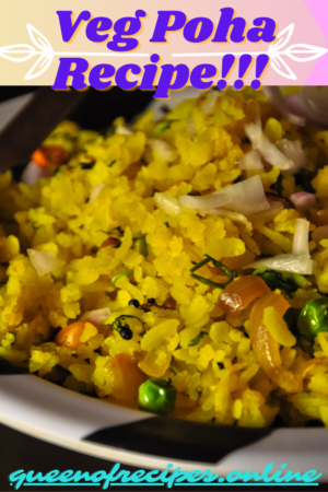 Poha served in the plate and "Veg Poha recipe!!" and "queenofrecipes.online" written on it