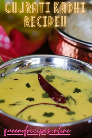" Gujrati Kadhi Recipe!!" and "queenofrecipes.online" written on an image of three glasses filled with gujrati kadh