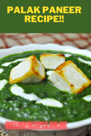 "Palak Paneer Recipe!!" and "queenofrecipes.online" written on an image of three glasses filled with palak paneer