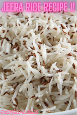 "Jeera Rice Recipe!!" and "queenofrecipes.online" written on an image of a jeera rice