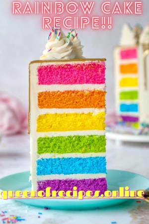 "Rainbow Cake Recipe!!" and "queenofrecipes.online" written on an image of a slice of Rainbow cake