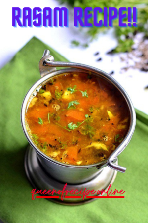 "Rasam Recipe!!" and "queenofrecipes.online" written on an image of three glasses filled with rasam
