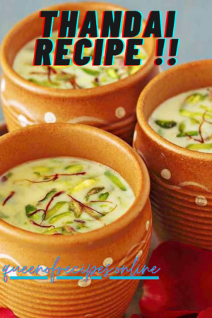 "Thandai Recipe!!" and "queenofrecipes.online" written on an image with thandai