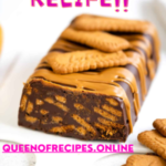 "Biscuit cake Recipe!!" and "queenofrecipes.online" written on an image with biscuit cake