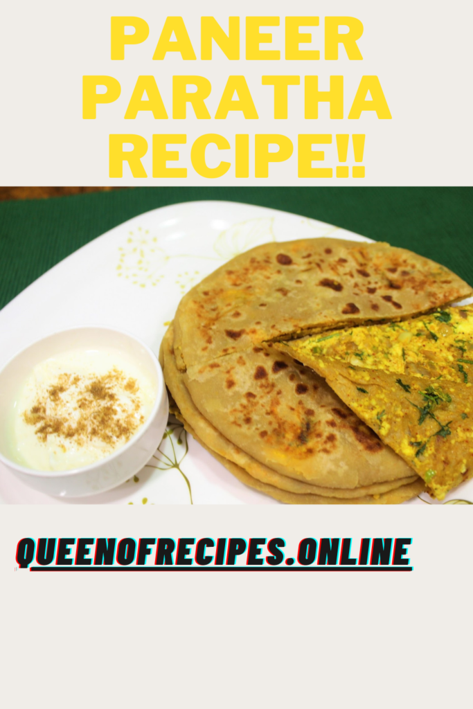 "Paneer Paratha Recipe!!" and "queenofrecipes.online" written on an image with paneer paratha