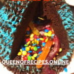 "Pinata Cake Recipe!!" and "queenofrecipes.online" written on an image with pinata cake