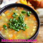 "Sweet Corn Soup Recipe!!" and "queenofrecipes.online" written on an image with sweet corn soup
