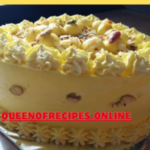 " Eggless Rasmalai Cake Recipe!!" and "queenofrecipes.online" written on an image with Eggless Rasmaliai Cake.