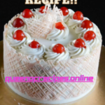 " Eggless White Forest Cake Recipe!!" and "queenofrecipes.online" written on an image with Eggless White Forest Cake.