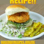 " Vada Pav Recipe!!" and "queenofrecipes.online" written on an image with Vada Pav.