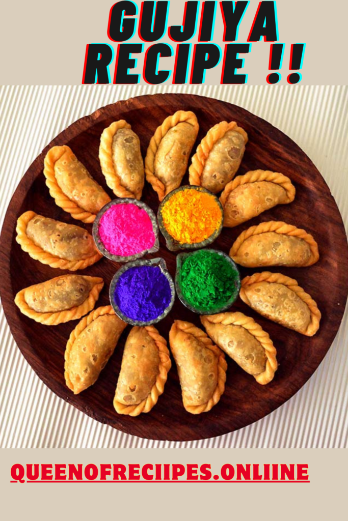 " Gujiya Recipe!!" and "queenofrecipes.online" are written on an image with a Gujiya.
