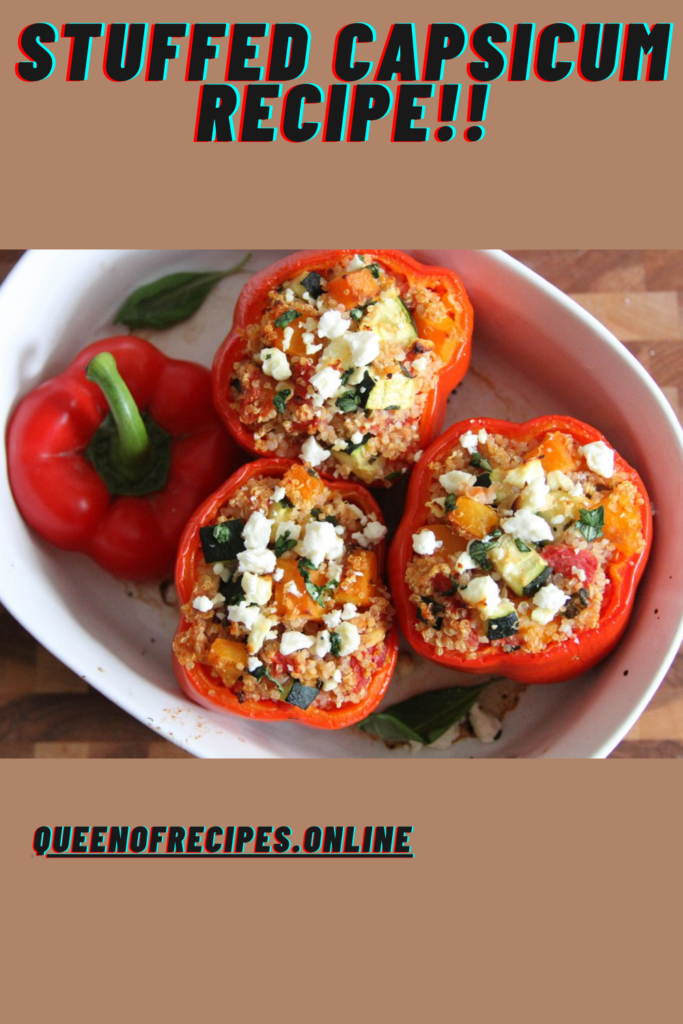 " Stuffed Capsicum Recipe!!" and "queenofrecipes.online" are written on an image with a Stuffed Capsicum.