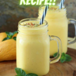 " Mango Lassi Recipe!!" and "queenofrecipes.online" are written on an image with a Mango Lassi.