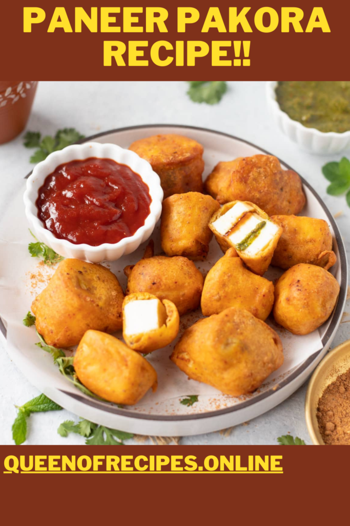 " Paneer Pakora Recipe!!" and "queenofrecipes.online" are written on an image with a Paneer Pakora.